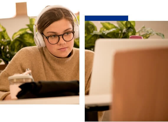 Student on a laptop with headphones