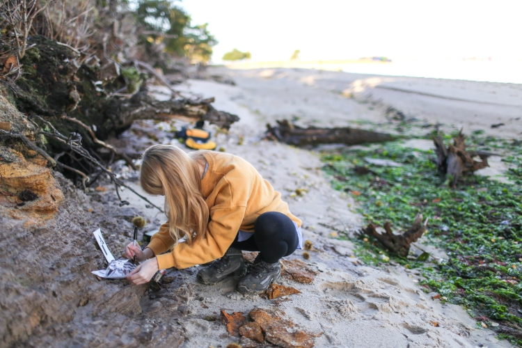 Female student taking coastal rock samples