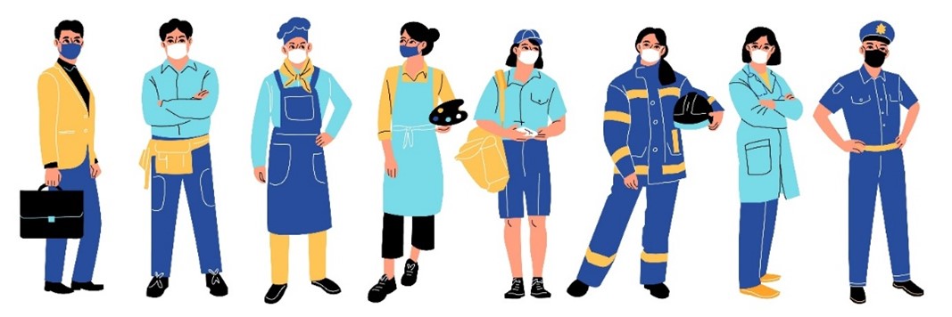 Graphic of different people dressed in different uniforms wearing masks