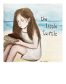A drawing of a girl on a beach holding a turtle looking sad
