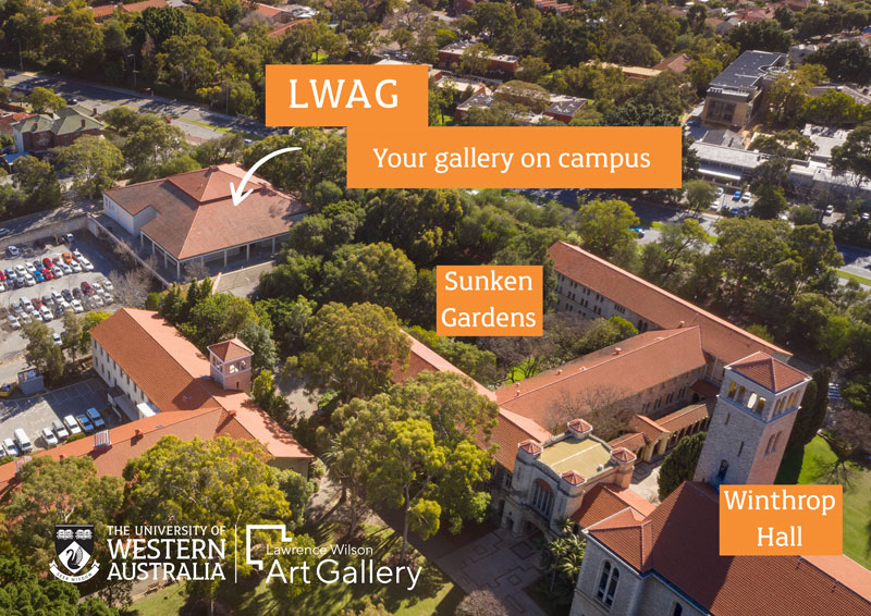 An aerial photo of the UWA campus encompassing the Lawrence Wilson Art Gallery, the Sunken Gardens and Winthrop hall