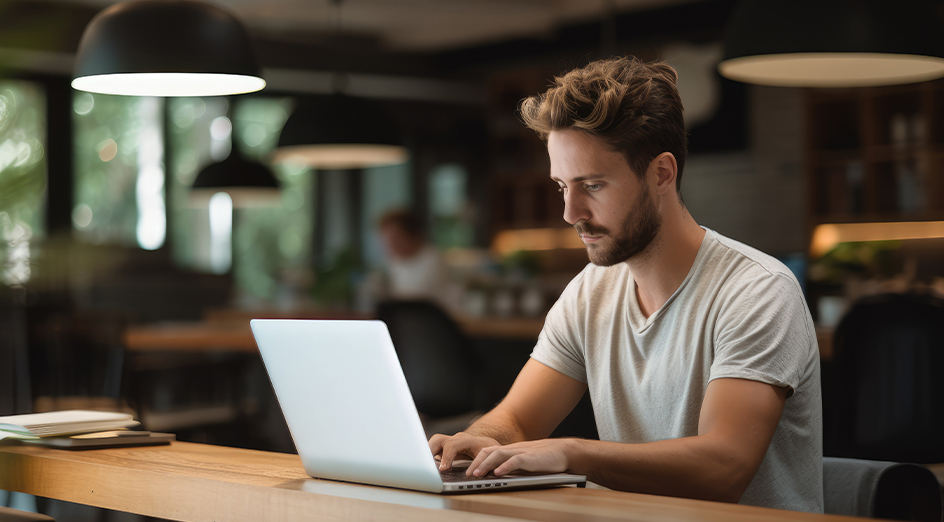 Male student working on laptop