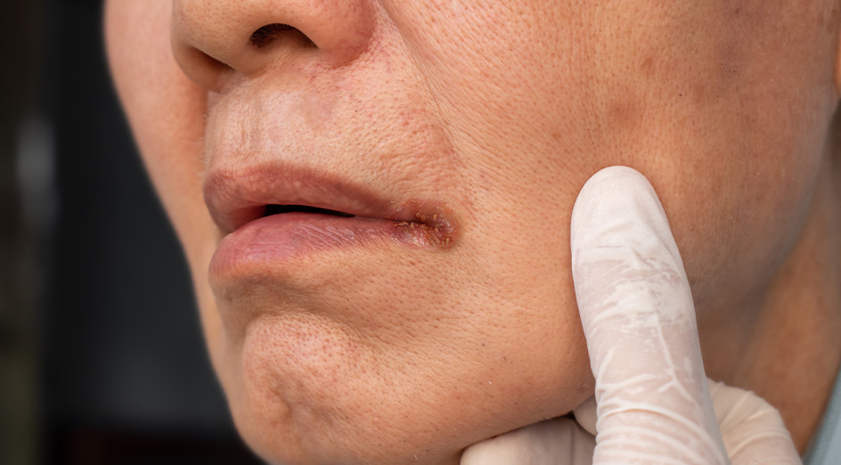 Dentist holding patient's mouth