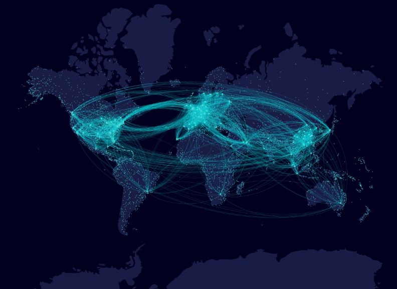 Map of the world with aviation routes highlighted