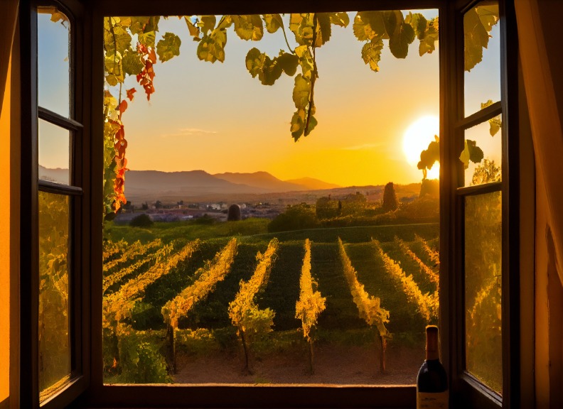 View of a vineyard through an open window at sunset