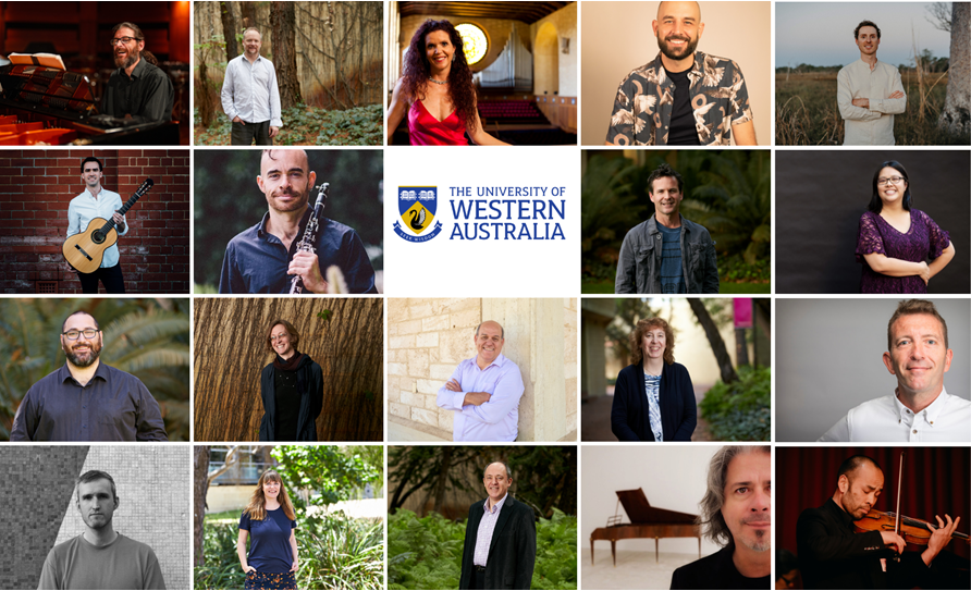 A headshot collage of males and females, mostly holding instruments and the UWA logo near the centre.