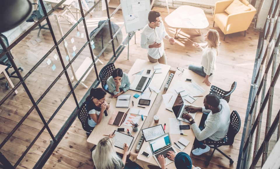 Young people working in modern office, viewed from above