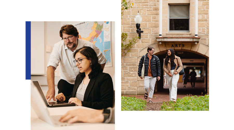 Two images side by side. First image - academic and student in classroom. Second image - two students walking from Arts building.