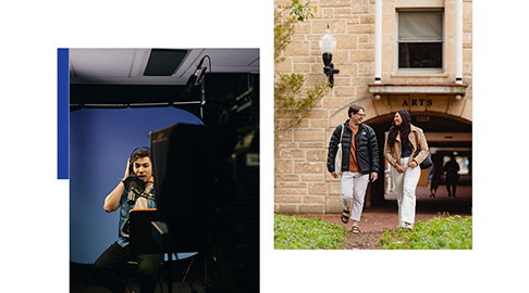 Two images. First image - male student in front of camera equipment. Second image - two students walking from Arts building