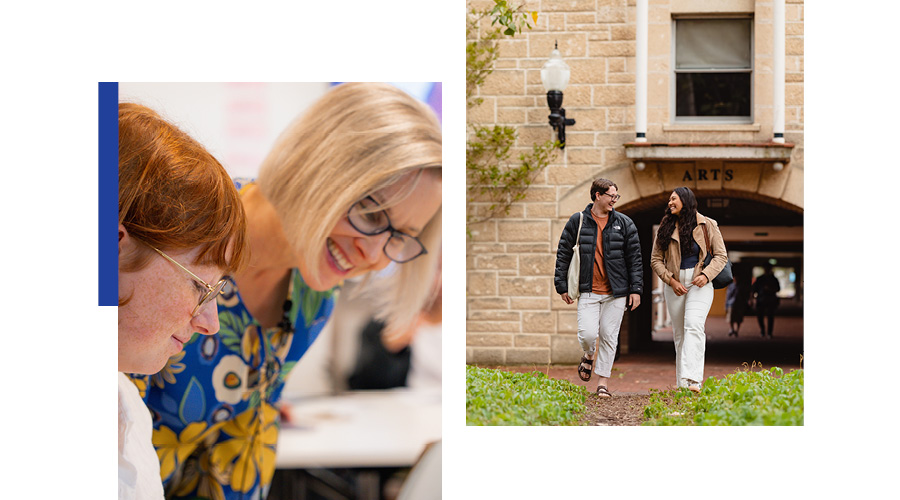 Two images side by side. First image - academic with student smiling. Second image - two students walking away from the Arts building.