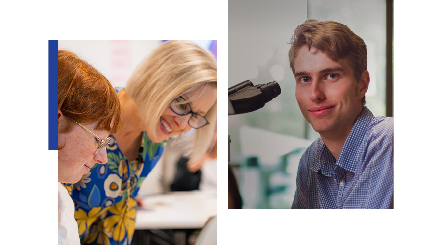 Two images side by side. First image - academic and student smiling. Second image - male student smiling.