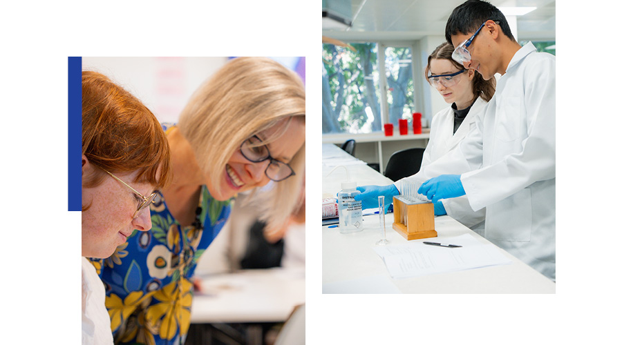 Two images side by side. First image - academic and student smiling and talking. Second image - two students in a lab.