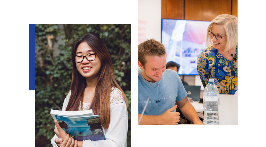 Two images side by side. First image - female student smiling and holding books. Second image - academic and student laughing in classroom.