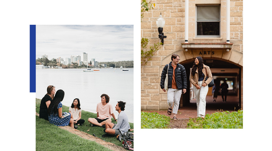 Two images side by side. First image - five students sitting on grass next to the river. Second image - two students walking from the Arts building